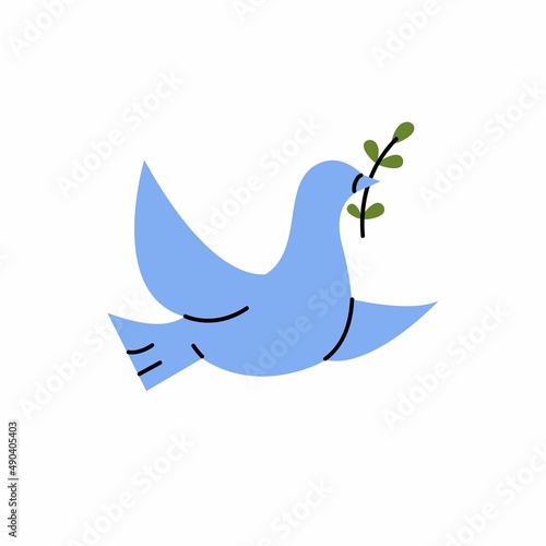 Vector illustration of blue dove in flight holding an Olive Branch. International day of peace. The dove of peace. 