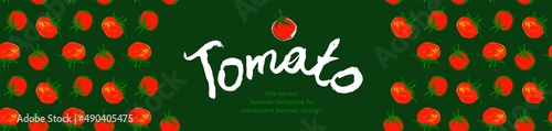 Banner organic ingredients, template design for healthy food concept, vegetarian food banner with red tomatoes background, eco store and farmers market. Tomato pattern for homemade cooking courses.