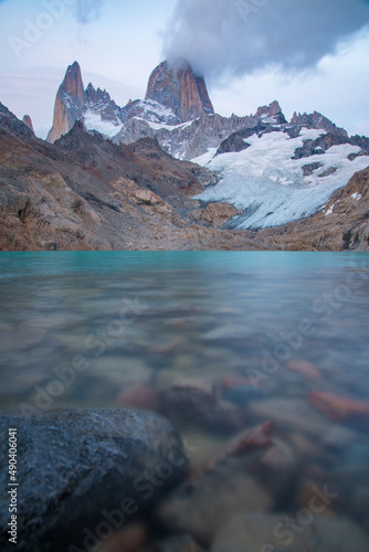 Torres del Paine mountain range at dusk, Patagonia, Chile. With snow cover. photo