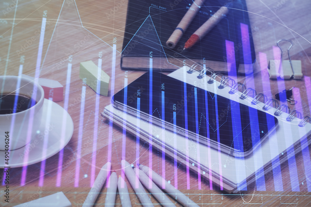 Double exposure of forex chart drawing and cell phone background. Concept of financial trading Double exposure of forex chart drawing and cell phone background. Concept of financial trading