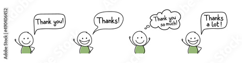 Smiley hand drawn character with text - thank you, thanks. Vector