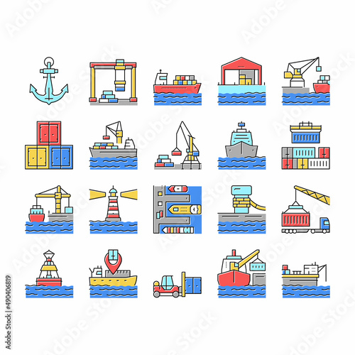 Container Port Tool Collection Icons Set Vector .