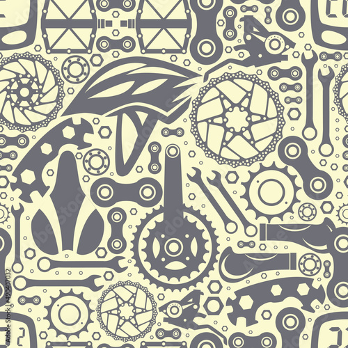 Bicycles. Seamless pattern. Bicycle parts of bolts, nuts, stars for services, repair shops. Vector image.