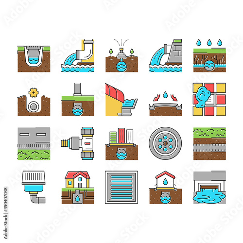 Drainage Water System Collection Icons Set Vector .
