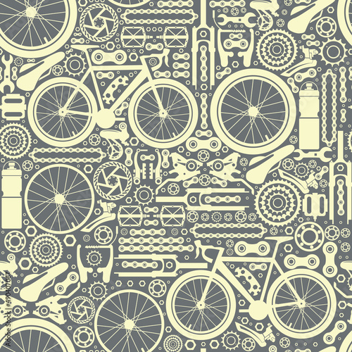 Bicycles. Seamless pattern. Bicycle parts of bolts, nuts, stars for services, repair shops. Vector image.