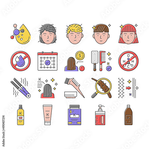 Keratin Hair Procedure Collection Icons Set Vector .
