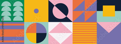 Mid-century abstract colorful pattern and simple geometric shapes flat vector illustration.