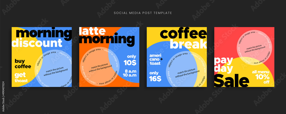 Simple and modern social media post templates for sharing discounts and sales of food, drink, coffee, etc
