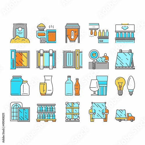 Glass Production Plant Collection Icons Set Vector .