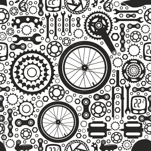 Bicycles.  Seamless pattern. Bicycle parts of bolts  nuts  stars for services  repair shops. Vector  image.