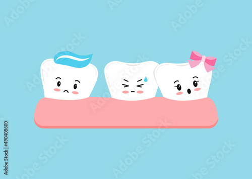 Crooked teeth in gym cute character isolated. Dental crowding emoji tooth orthodontic bracket correction treatment sign. Vector flat design kawaii style kid dentistry misaligned mascot illustration.