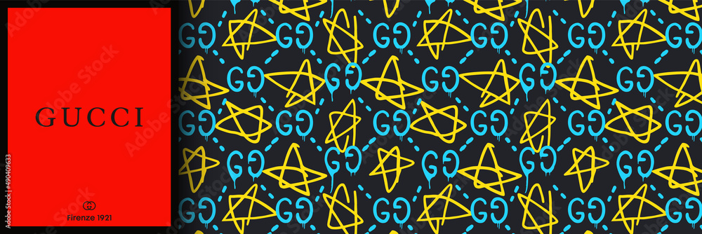 Official Pattern (seamless texture) Gucci GHOST in black - yellow -  turquoise color. Vector illustration EPS10 Stock Vector | Adobe Stock