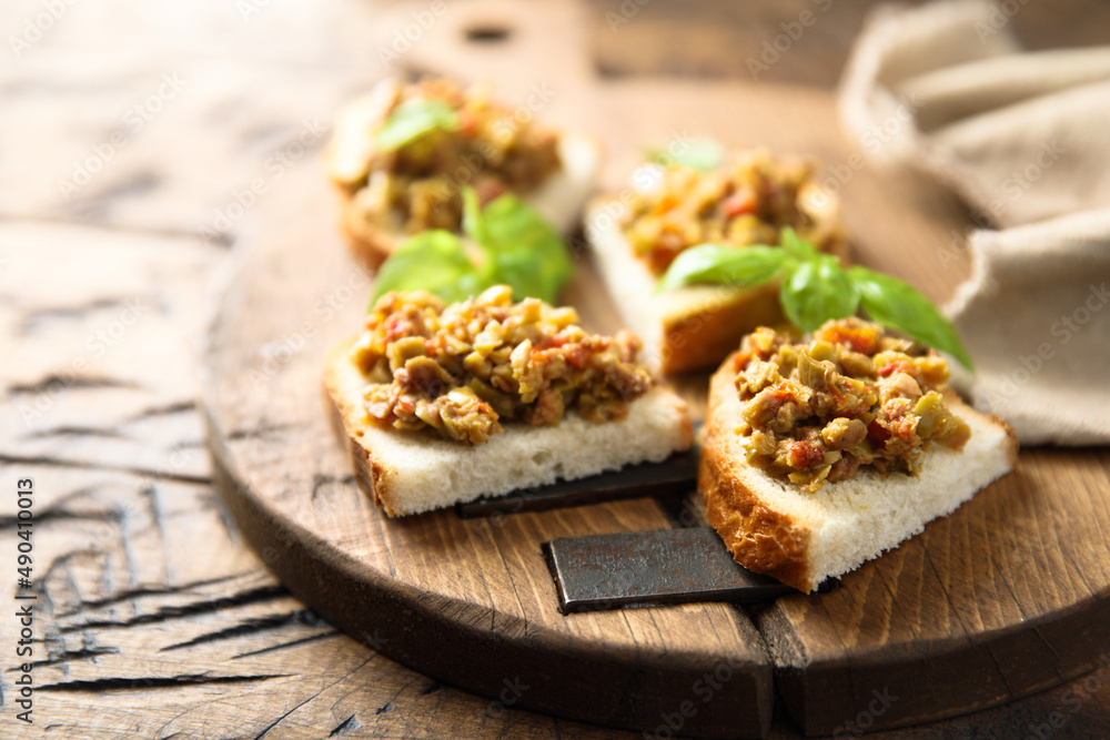 Homemade bruschetta with olive tapenade