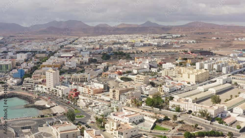 Aerial drone flight over the capital of Fuerteventura Puerto del Rosario Aerial drone flight over the capital of Fuerteventura Puerto del Rosario