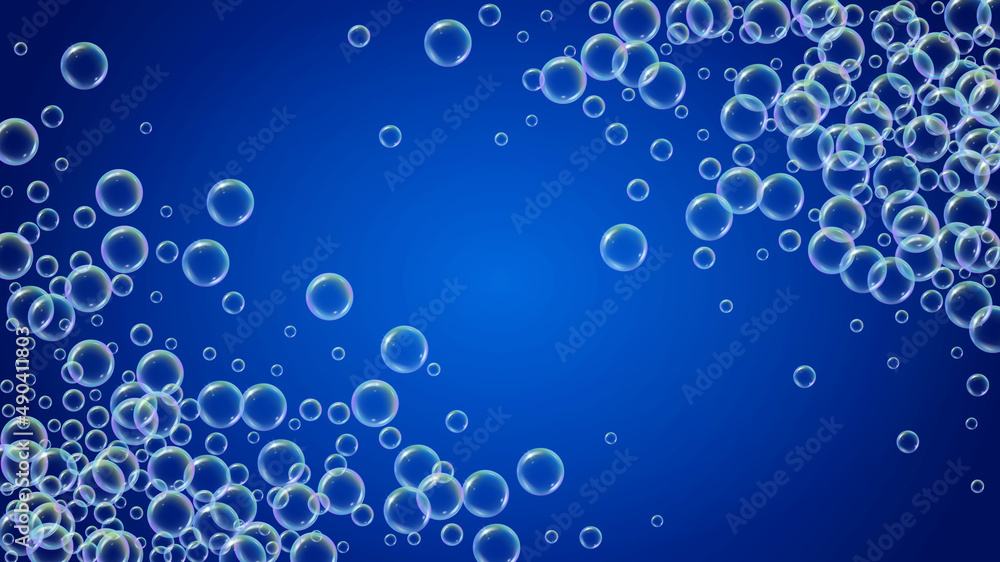 Bath bubble. Detergent soap foam and suds for bathtub. Shampoo. Blue Aqua fizz and splash. Realistic water frame and border. 3d vector illustration invite. colorful liquid bath bubble.