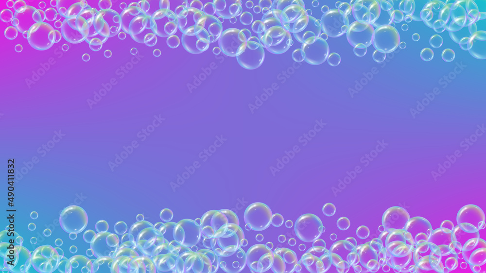 Detergent foam. Soap bath bubble and suds for bathtub. Shampoo. Aqua fizz and splash. Realistic water frame and border. 3d vector illustration invite. Blue colorful liquid detergent foam