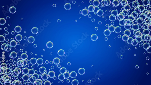 Bath bubble. Detergent soap foam and suds for bathtub. Shampoo. Blue Aqua fizz and splash. Realistic water frame and border. 3d vector illustration invite. colorful liquid bath bubble.