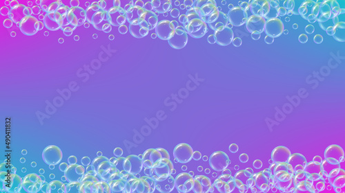 Detergent foam. Soap bath bubble and suds for bathtub. Shampoo. Aqua fizz and splash. Realistic water frame and border. 3d vector illustration invite. Blue colorful liquid detergent foam