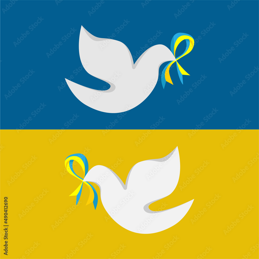 Obraz premium The dove, a symbol of peace with a ribbon in the color of the Ukrainian flag blue and yellow