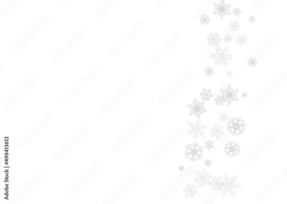 Snowflakes falling on white background. Horizontal Christmas and Happy New Year theme. Silver falling snowflakes for banner, gift card, party invitation, partner compliment and special business offers Snowflakes falling on white background. Horizontal Christmas and Happy New Year theme. Silver falling snowflakes for banner, gift card, party invitation, partner compliment and special business offers