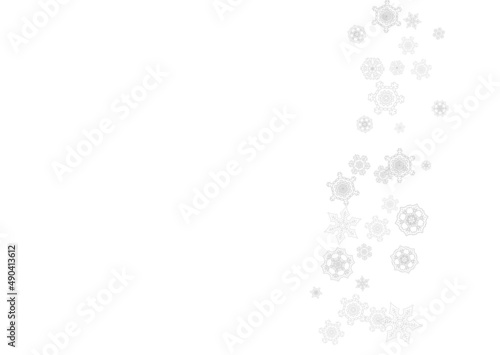 Snowflakes falling on white background. Horizontal Christmas and Happy New Year theme. Silver falling snowflakes for banner, gift card, party invitation, partner compliment and special business offers