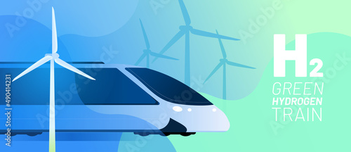 Green Hydrogen train vector illustration concept. Alternative energy and fuel source. Wind turbine, text H2 and passenger train. Abstract background for website banner, advertising campaign