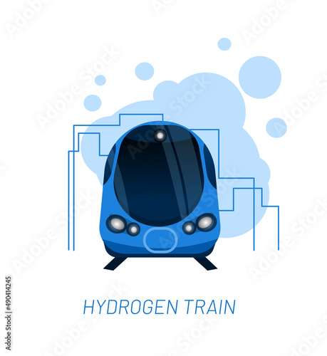 Hydrogen train vector illustration concept. Big blue vehicle with fuel station an the city. Template for website banner, advertising campaign or news article.