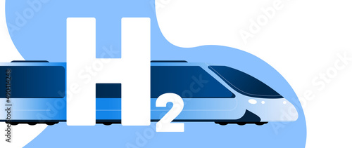 Hydrogen train vector illustration concept. Big blue vehicle with text H2. Template for website banner, advertising campaign or news article.