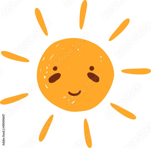 Yellow Smiling doodle sun, nature sketch illustration with open eyes and beam