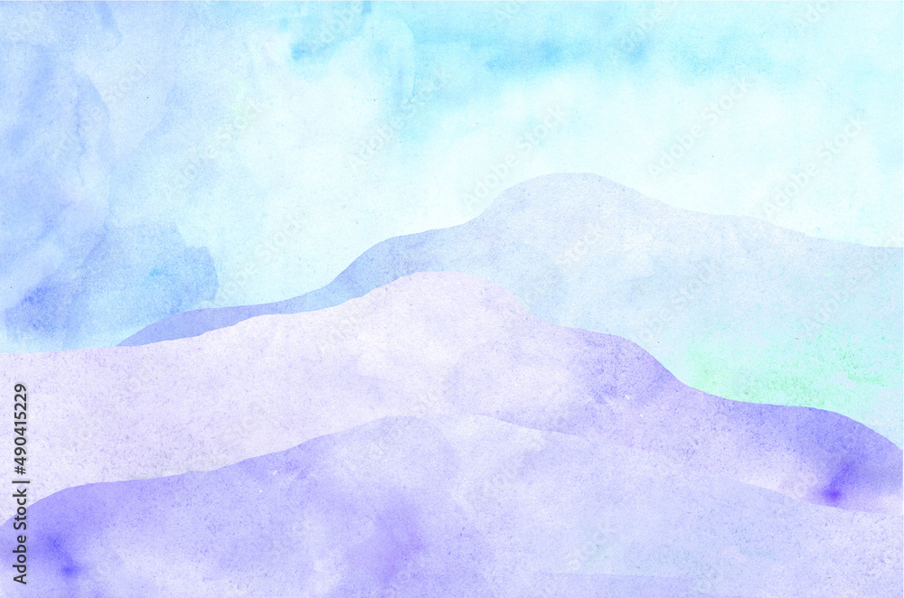 Obraz premium Watercolor background mountains, sky and hills, cyan, purple, turquoise, color transition watercolor blue background 