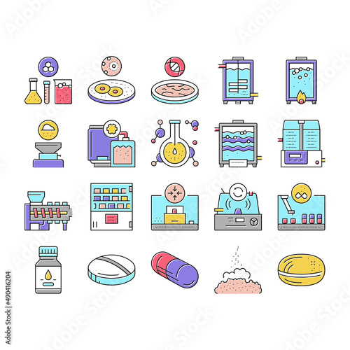 Pharmaceutical Production Factory Icons Set Vector .
