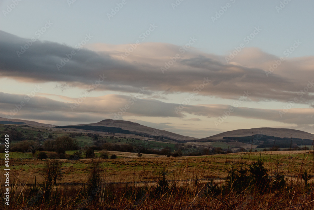 Brecon Beacons hills on sunset.