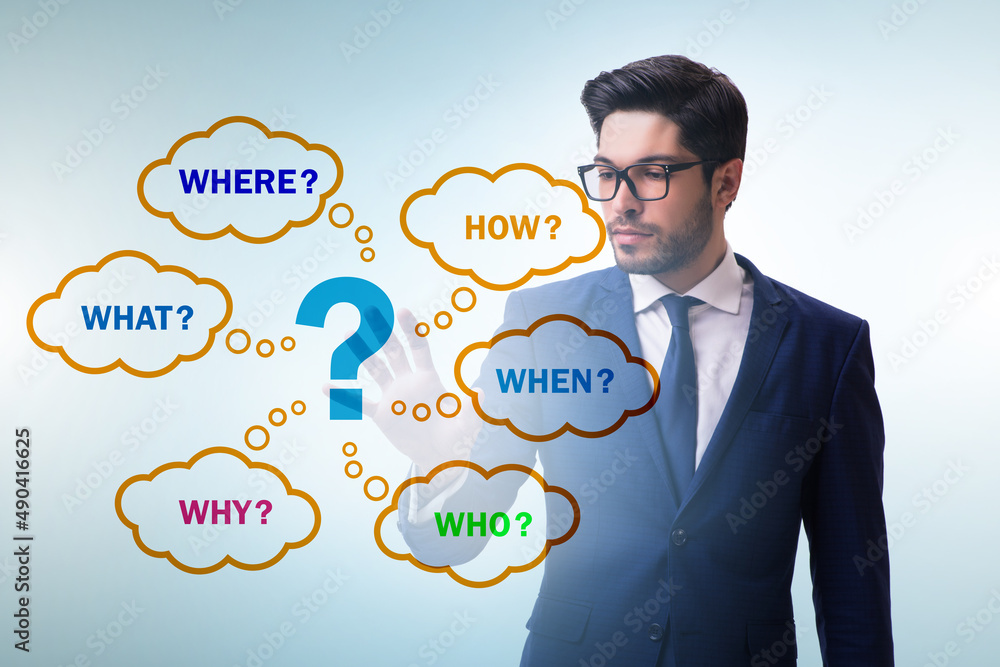 Concept of many different questions asked with businessman Concept of many different questions asked with businessman