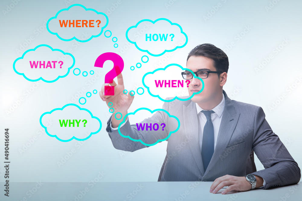 Concept of many different questions asked with businessman Concept of many different questions asked with businessman
