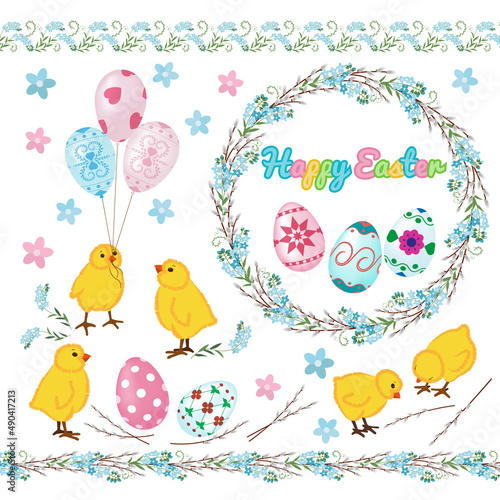 Seamless set with chickens and eggs. Easter wreath. Seamless floral border.