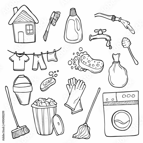 Doodle Cleaning set. Vector Spring House Cleaning sketch