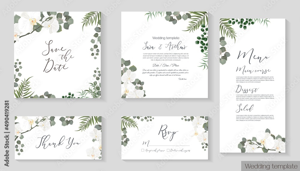 Vector herbal wedding invitation template. Different herbs, white orchid, green plants and leaves, unripe berries, round gold frame. The set consists of an invitation card, thank you, rsvp, menu. Vector herbal wedding invitation template. Different herbs, white orchid, green plants and leaves, unripe berries, round gold frame. The set consists of an invitation card, thank you, rsvp, menu.