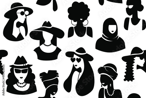 Women of different nationalities and cultures. Seamless pattern with Retro fashion models. Concept of woman, femininity, diversity, independence and equality. Hand drawn vector illustration