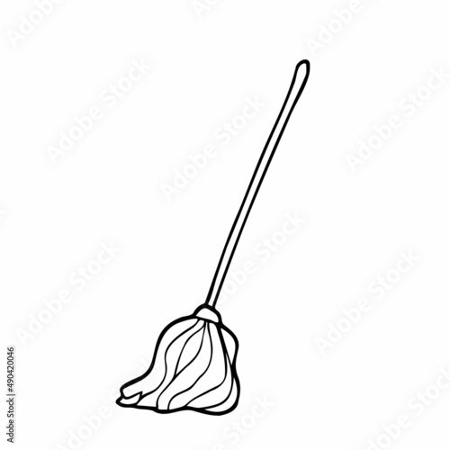 Doodle vector hand drawn wet rope mop. Household supplies, cleaning service, equipment, wash floors, mopping, tidy. Design element for typography and digital use.