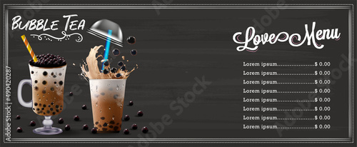 Bubble milk tea, Pearl milk tea , Different sorts of Boba. Yummy drinks. Ads with delicious tapioca.  Restaurant cafe menu, template design. Food flyer. Chalk board, retro menu restaurant poster. 