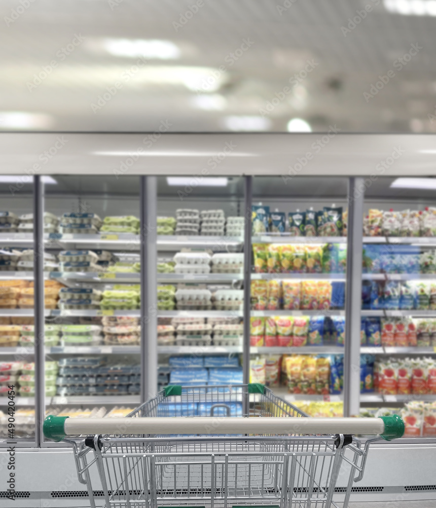 empty grocery cart in an empty supermarket