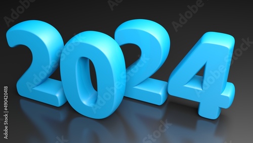 2024 blue write on black glossy surface - 3D rendering illustration