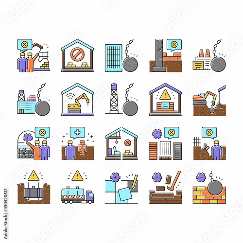 Dismantling Construction Process Icons Set Vector .
