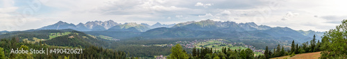 Full Tatra mountain range high resolution panorama, Carpathian Mountains Polish side panoramic shot scenic monumental view sunny summer day Europe, Poland travel destinations, beauty in nature, nobody