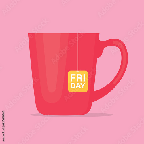 cup with friday written on tea paper tag, happy friday concept  -vector illustration