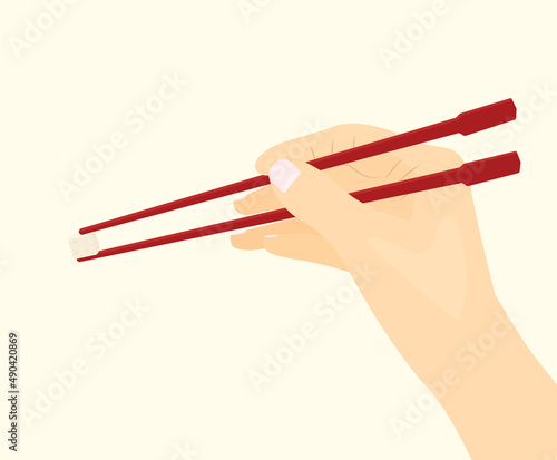 hand holding tofu with chopsticks  -vector illustration