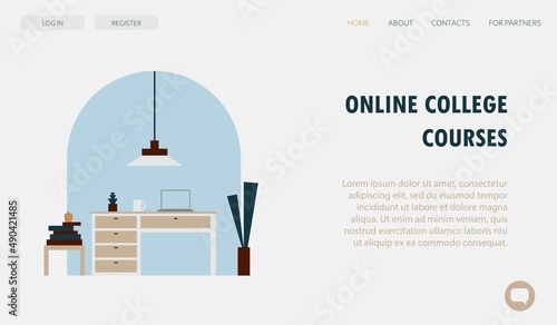 Landing page flat template, empty workspace interior, home office with modern furniture web banner design, CEO, private office website homepage layout