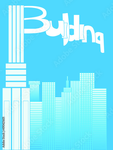 diagram in blue and white tones depicting high-rise buildings and a stylized inscription for the design of logos for construction companies