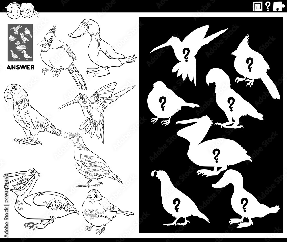 matching shapes game with cartoon birds coloring book page