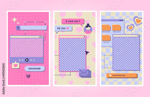 Instagram template stories set. Old computer aesthetic frames for quotes, slogan, text. Retro 70s, 80s, 90s. Retro Vibes Art. Trendy elements. Colorful bright background. Editable Vector. 